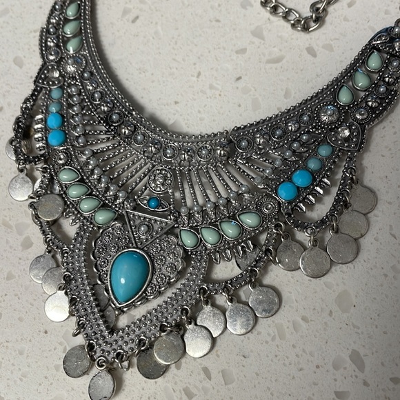 Boho Silver and turquoise bib necklace - Picture 2 of 2